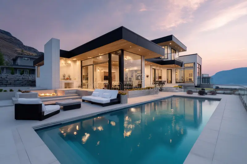modern house pool mountain view twilight elegant featuring large windows serene swimming comfortable outdoor seating 410877462